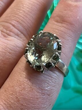 Vintage China Sterling Silver 925 Green Amethyst Cluster Cocktail Size 6.5 Ring